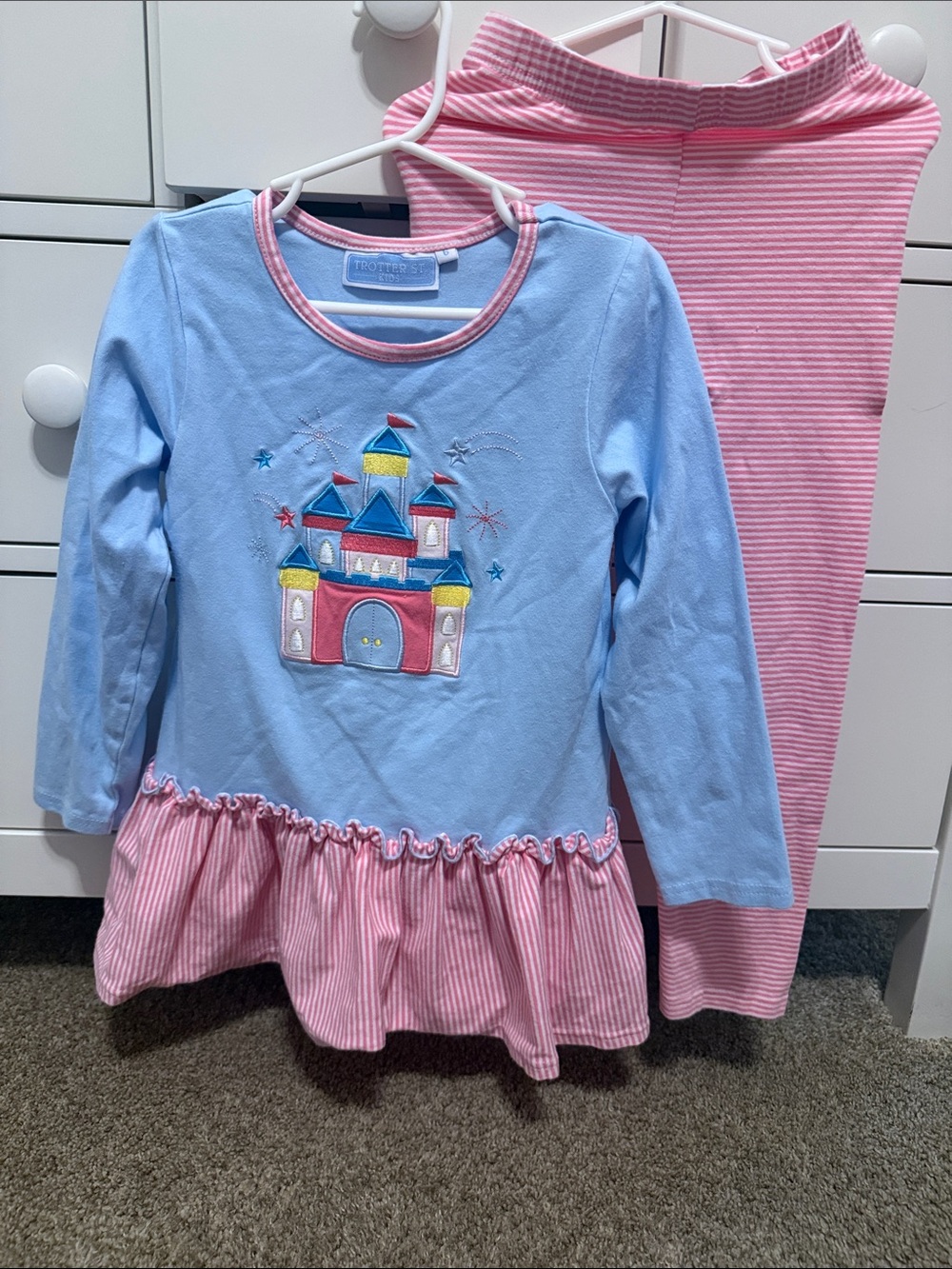 Trotter Street Kids Pink/White & Blue Castle Long Sleeve Top and Leggings Set